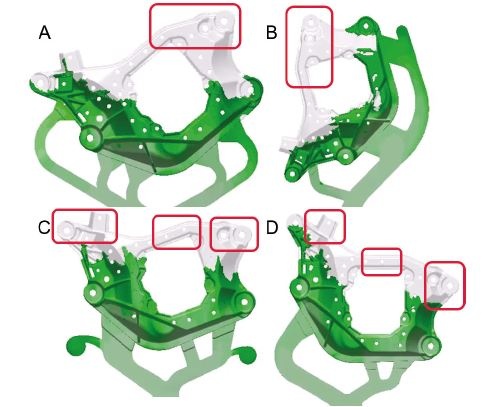 Figure 1: Four gating designs (A to D) and corresponding filling results at 75 % filled (the regions filled last are marked by red boxes) 