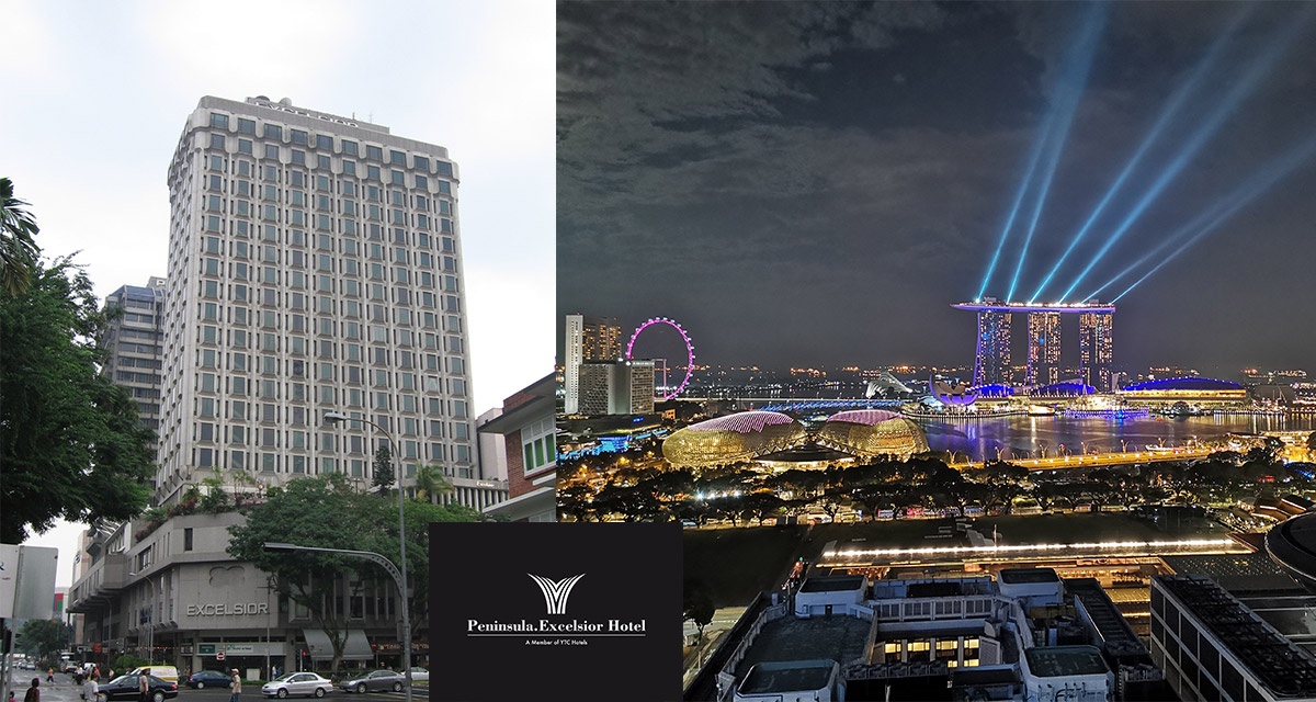 The Hotel Peninsula Excelsior on the left and the view from the sky lounge on the right 